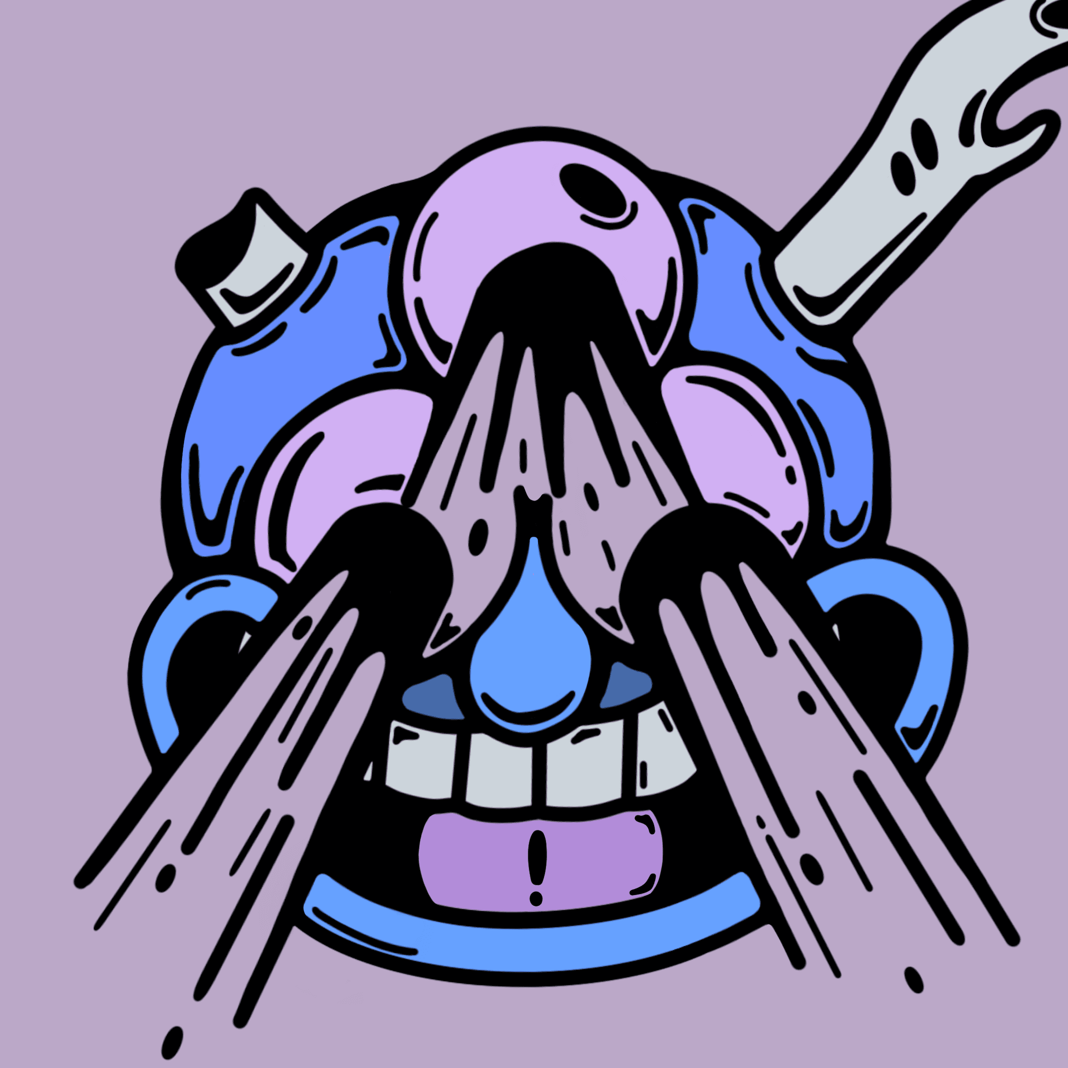 A symmetrical face filling the whole square in lilac, cornflower blue and black. A single round eye high on the forehead weeps dark streaks down over two more weeping eyes, a blue teardrop hangs over bared square teeth, and a pale hand enters from the top right corner.