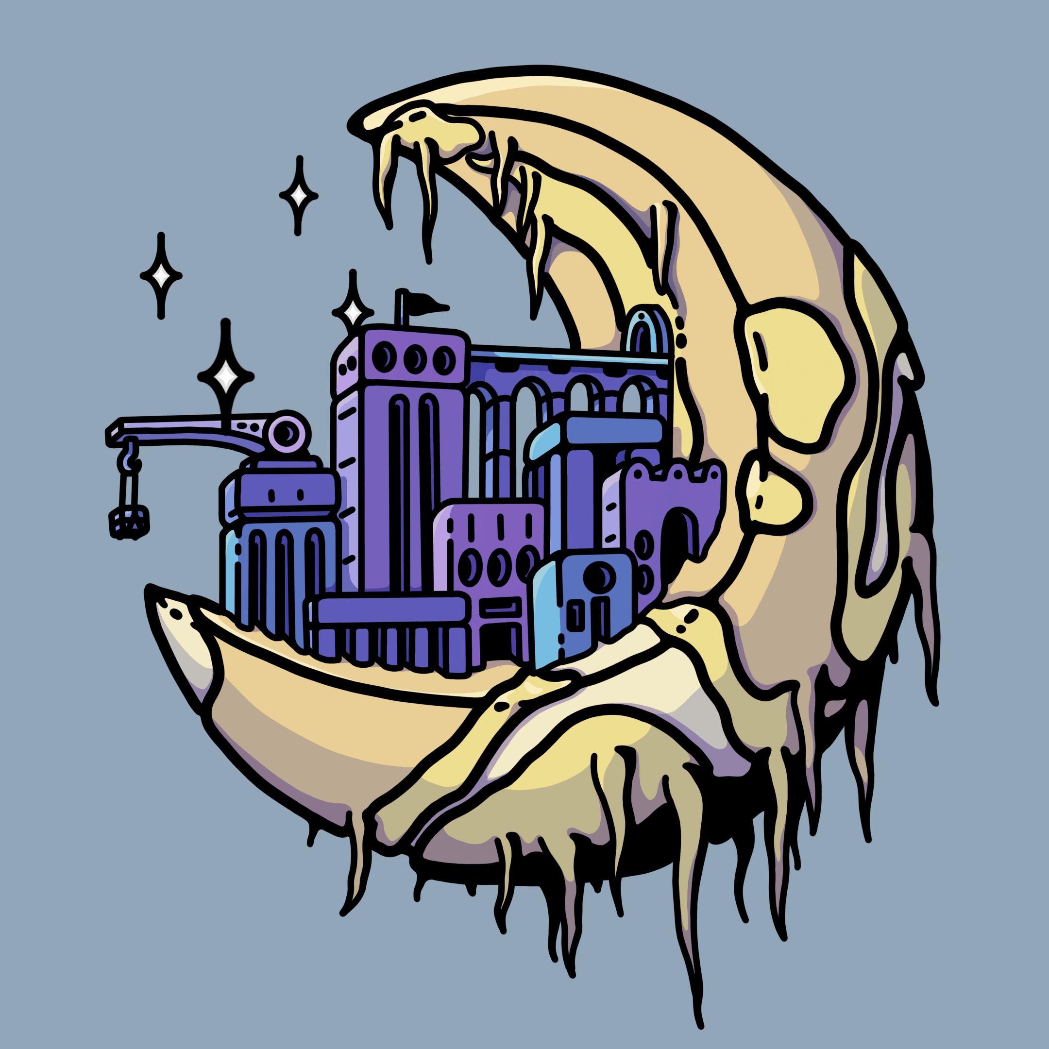 Jake Recharte's profile picture: his illustration Cradled Fortress. A pale yellow crescent moon, melting and dripping at its edges, holding a purple city in the curve of its arc: towers, arches, a flag and a crane reaching out over empty space. Four-pointed stars sit in the blue-grey background.