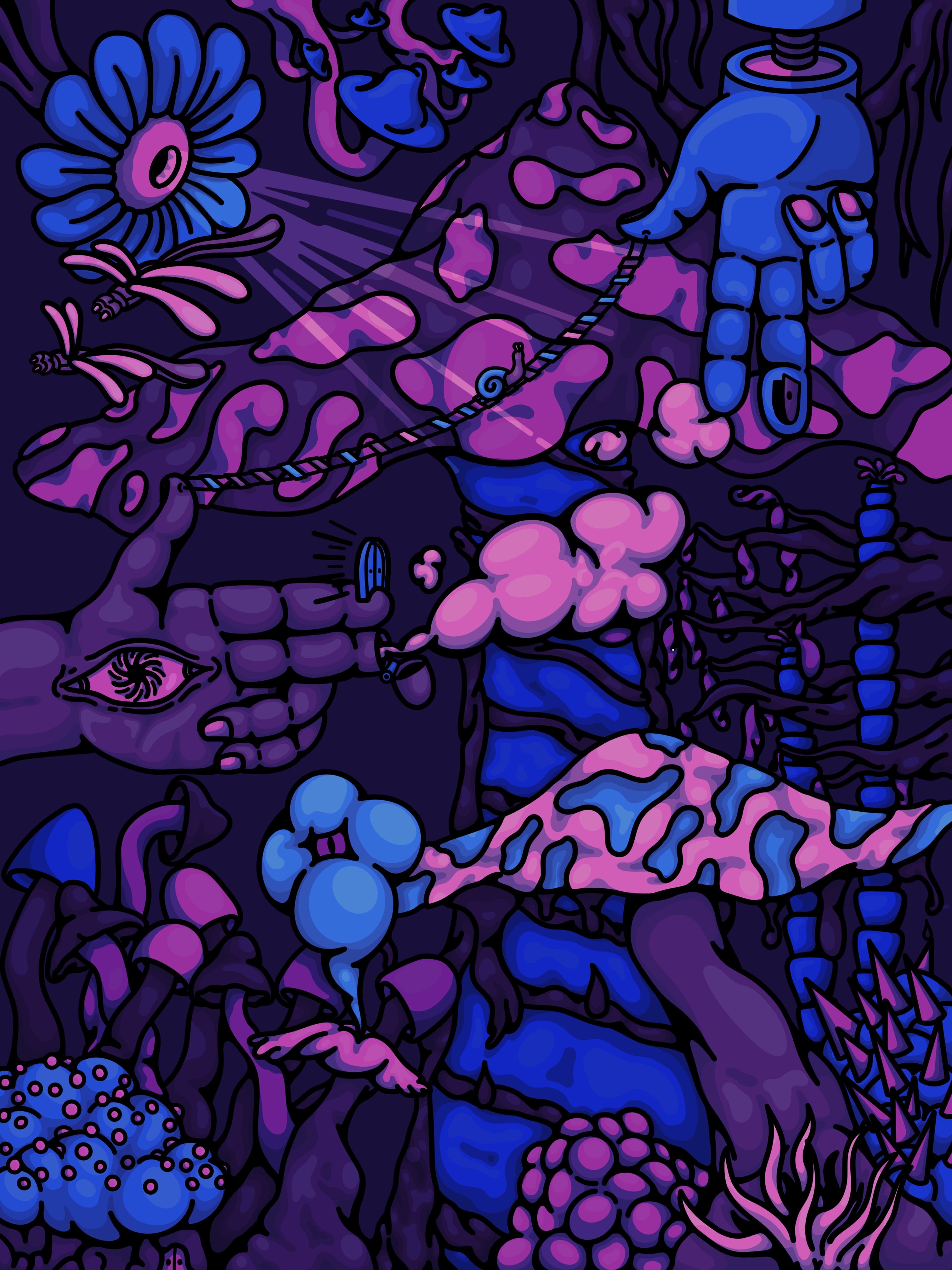 A dense tangled garden in deep purple, blue and magenta, drawn entirely in heavy black outline. Two giant hands reach in from the edges, one with an eye opening in its palm. A rope bridge carries a snail across the middle, and mushrooms, berries and flowers crowd the foreground.