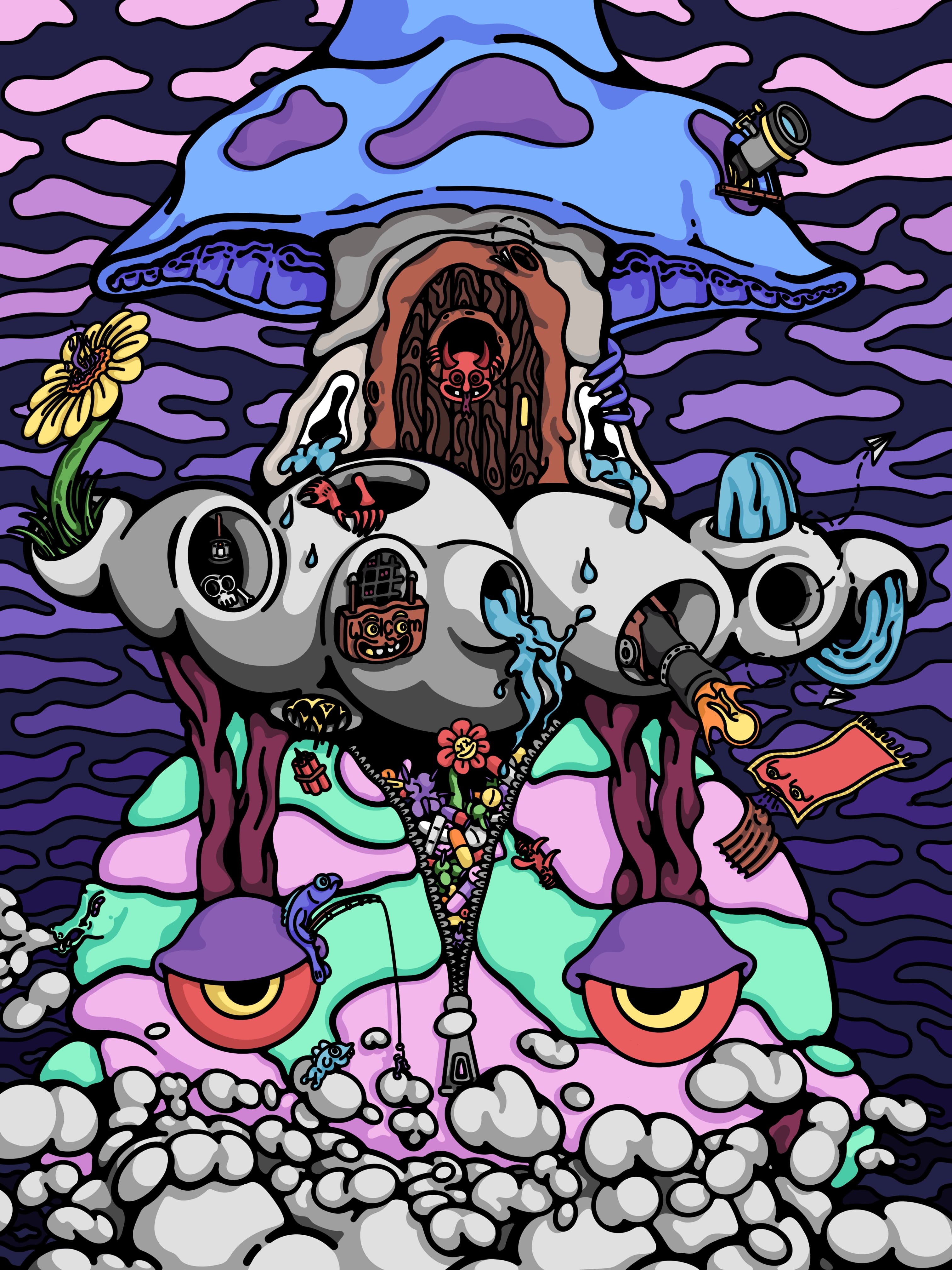 A house built from a stack of grinning skulls under a blue mushroom cap, against a sky of banded purple cloud. A small red devil looks out of the wooden door, water pours from the eye sockets, and a zipper runs up the hillside below, open and spilling flowers and pills.