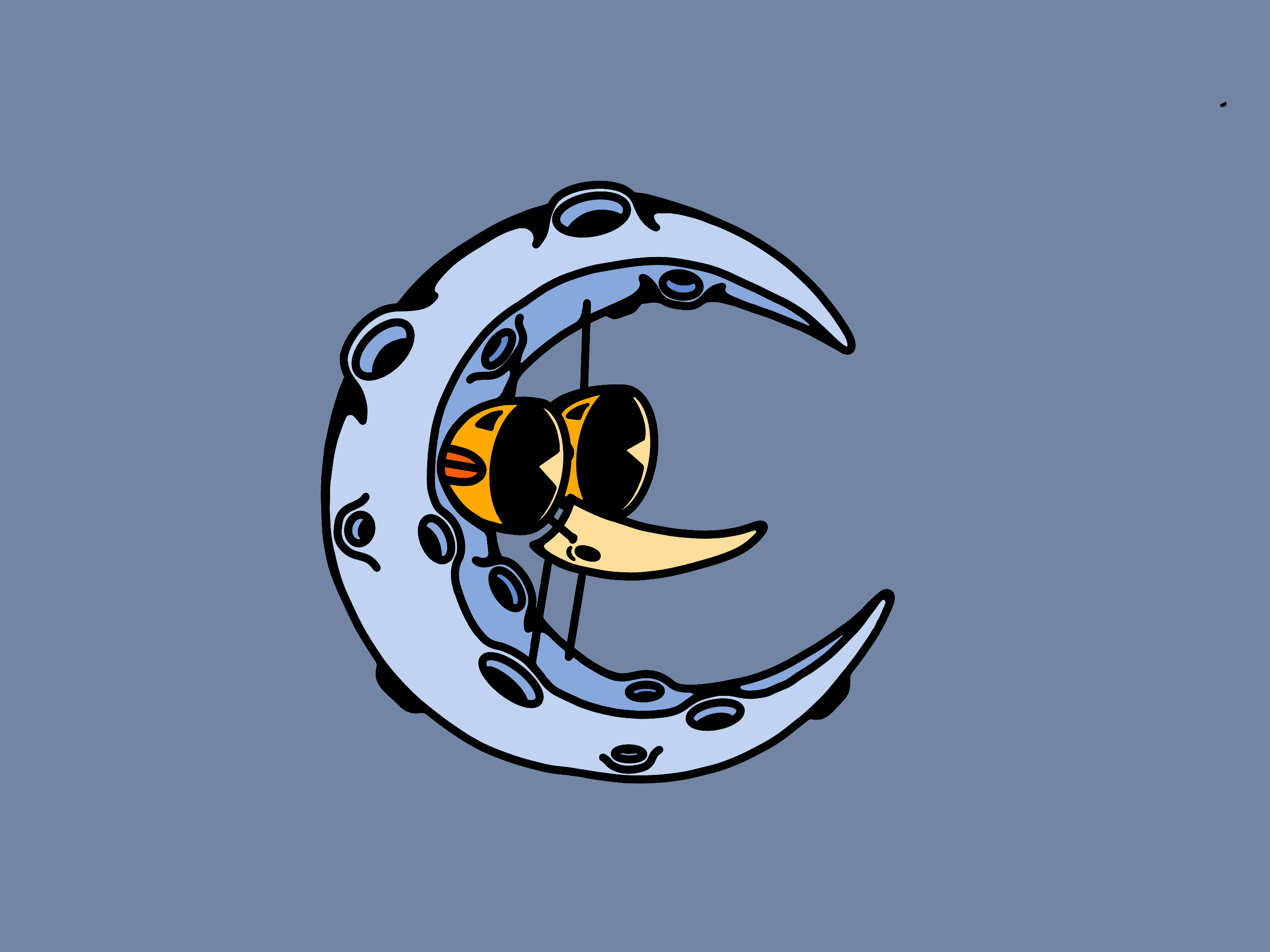 A pale blue cratered crescent moon wearing oversized black sunglasses that hang down off its face, with a long hooked nose and a small open mouth.
