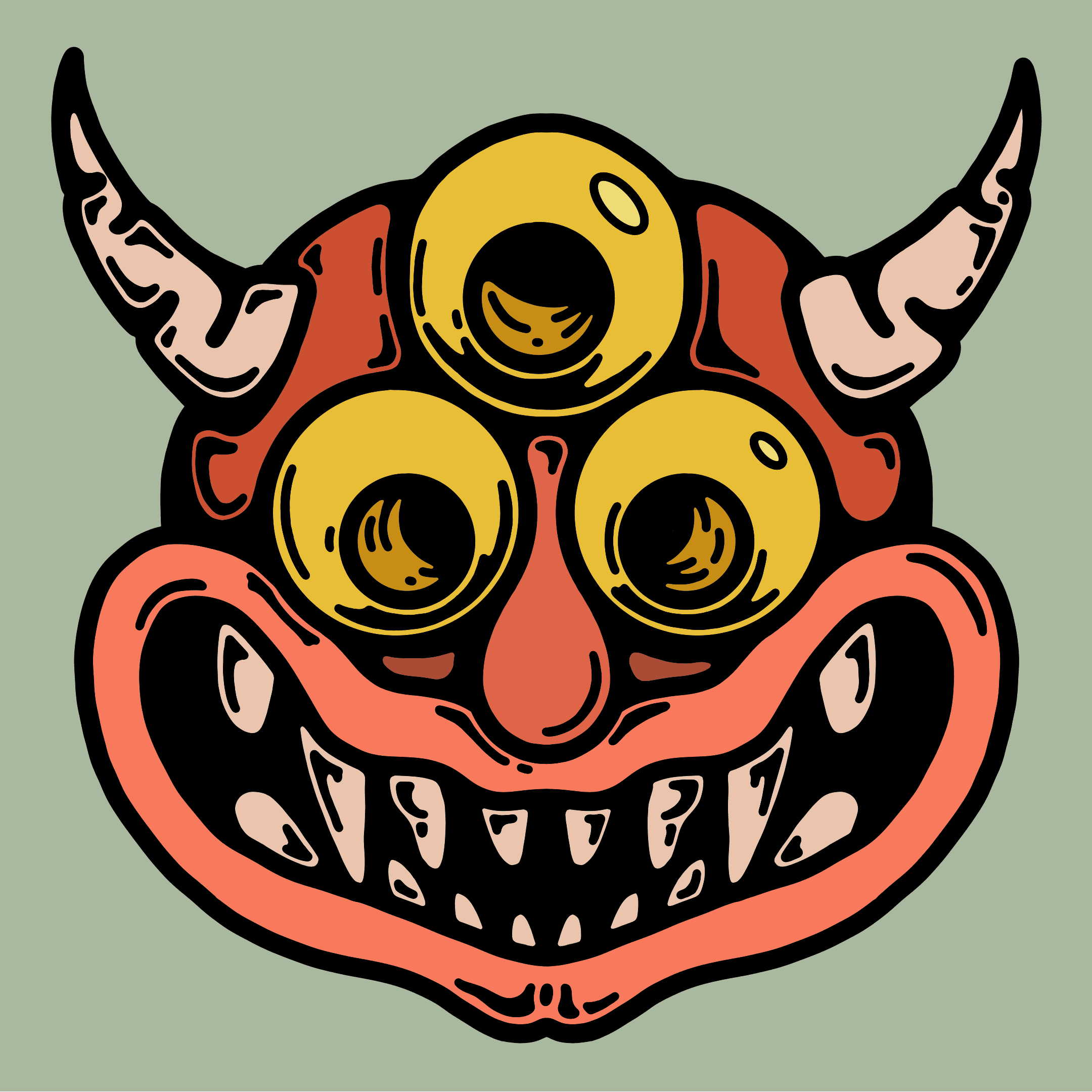 A grinning oni mask filling the square: three yellow eyes, pale curved horns, a long red nose and a wide coral-pink mouth full of uneven fangs, against a sage green background.