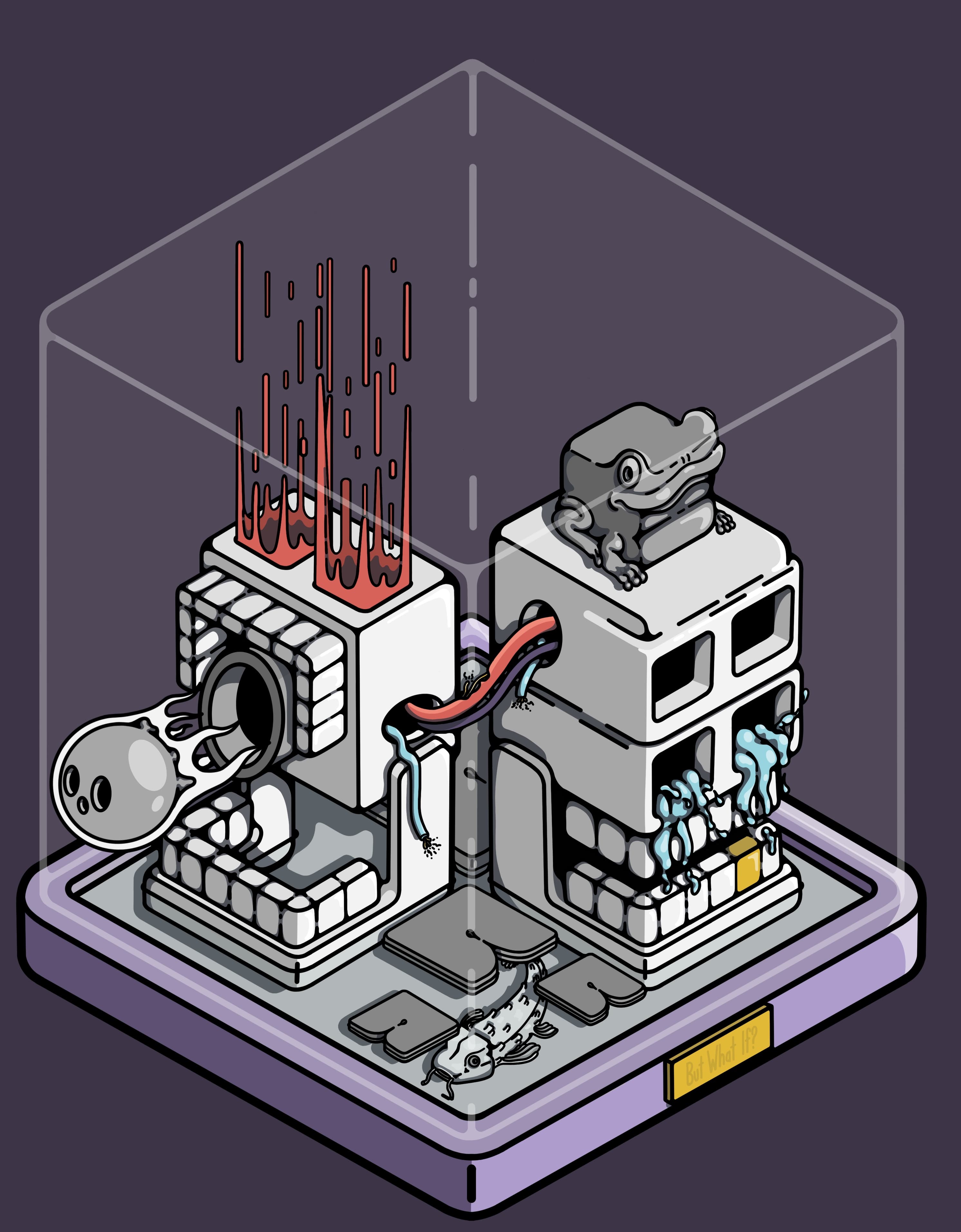 An isometric diorama inside a glass display case. Two cube-shaped skulls sit on a grey base, one leaking red from its crown, the other topped by a grey frog, joined by a tongue stretched between them. A small brass plaque on the plinth reads 'But What If?'.