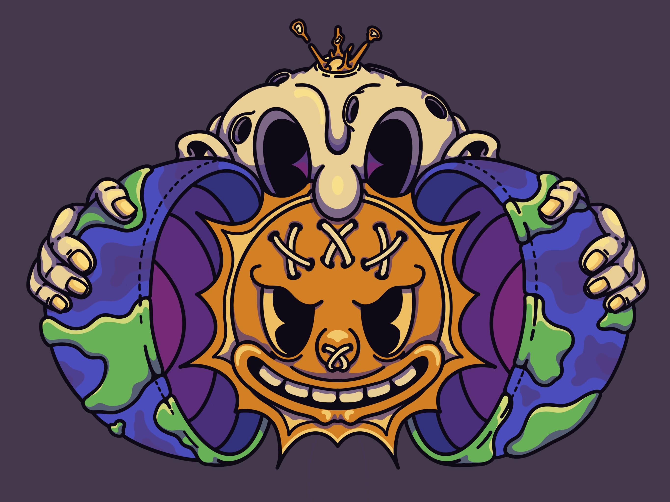 A crowned skull leaning over the top of a split planet, long fingers curled around both halves. In the gap between them is an orange sun with a wide grin and three eyes stitched shut with pale thread.